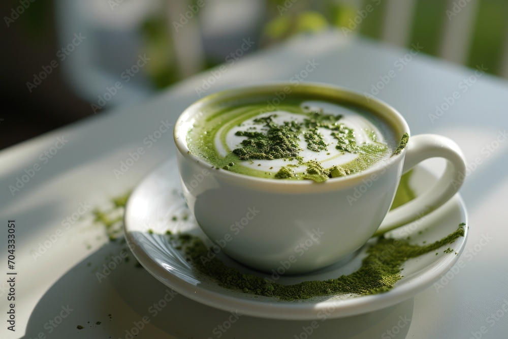 A cup of green tea on a saucer. Suitable for beverage or relaxation concepts A cup of green tea on a saucer. Suitable for beverage or relaxation concepts