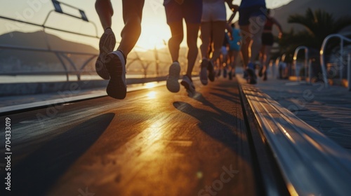 A group of people running on a boardwalk at sunset. Perfect for fitness or lifestyle-themed designs
