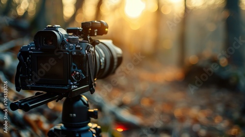 A camera sitting on top of a tripod in the woods. Perfect for capturing nature and outdoor photography