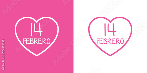 Logo del día de San Valentín. Texto manuscrito 14 Febrero en español en silueta de corazón con líneas para su uso en felicitaciones y tarjetas