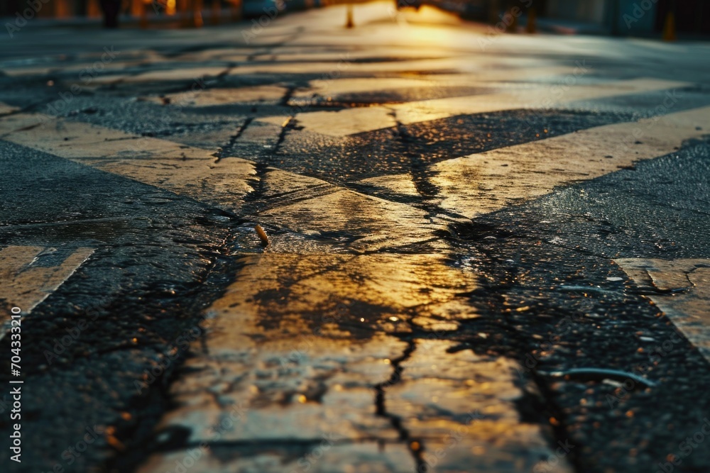 Obraz premium A picture of a wet street with a crosswalk and a traffic light. Can be used to depict urban life, city infrastructure, or rainy weather