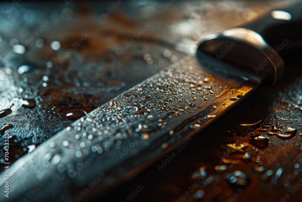 A knife placed on a wooden table. Suitable for kitchen, cooking, and food-related themes A knife placed on a wooden table. Suitable for kitchen, cooking, and food-related themes