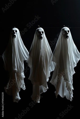 Three ghosts hanging from a line, suitable for spooky and Halloween-themed designs