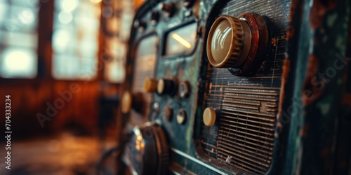 Vintage radio with dials and knobs in a classic room. Perfect for retro-themed designs and nostalgic projects photo