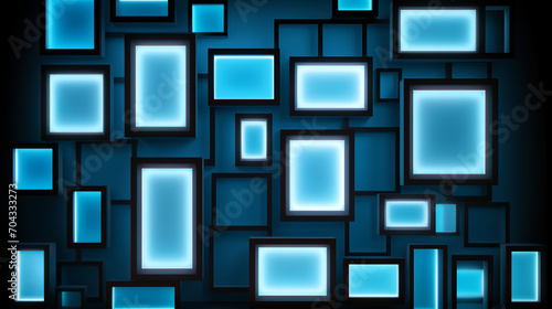 A 3D abstract composition of glowing blue neon rectangles in various sizes creating a complex, futuristic matrix.Background concept. AI generated.	
 photo