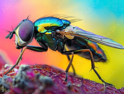 Extreme Macro image of colorful metallic Hover Fly - Ornidia obesa. photo