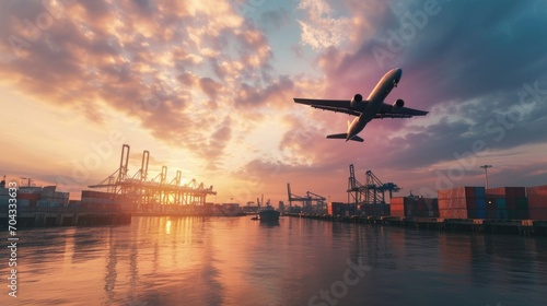 An airplane in flight over a serene body of water. Suitable for travel or transportation themes