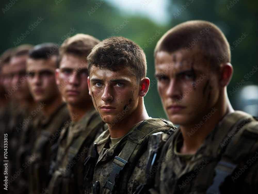 A determined line of soldiers standing tall and focused, looking forward with unwavering determination.