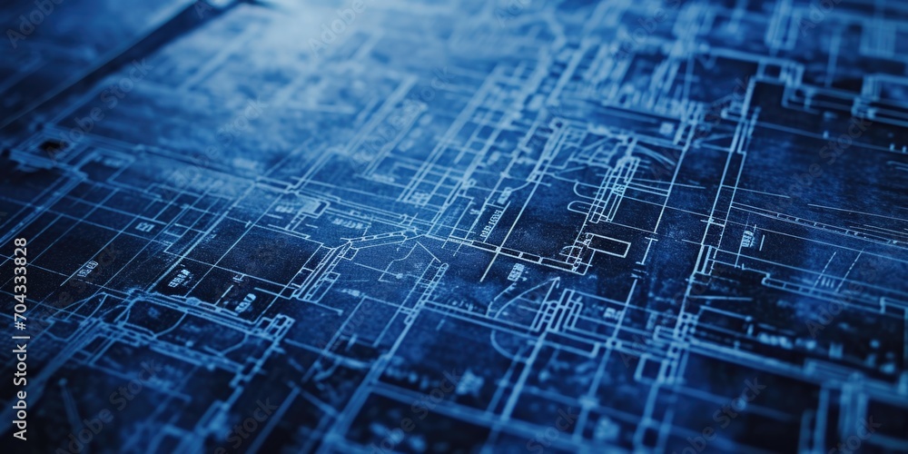 A detailed close-up of a blueprint showcasing the architectural plans for a building. This image can be used to represent construction, architecture, or engineering projects - obrazy, fototapety, plakaty 