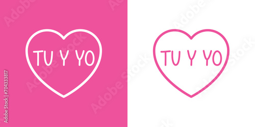 Logo del día de San Valentín. Texto manuscrito tu y yo en español en silueta de corazón con líneas para su uso en felicitaciones y tarjetas