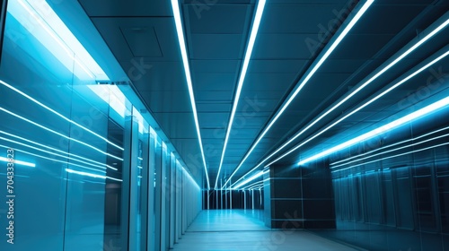 A photograph of a long hallway in a building illuminated by blue lights. Suitable for use in architectural or interior design projects
