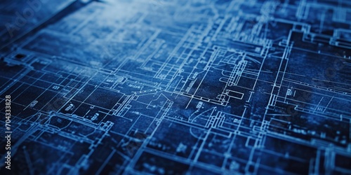 A detailed close-up of a blueprint showcasing the architectural plans for a building. This image can be used to represent construction, architecture, or engineering projects photo