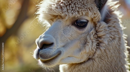 A detailed view of a llama's face with a blurred background. This image can be used to depict the unique features and expressions of llamas. © Fotograf