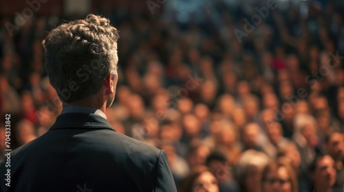A man confidently stands in front of a large crowd, commanding attention. This image can be used to represent leadership, public speaking, or addressing a group