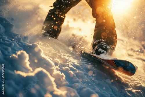 A person riding a snowboard down a snow covered slope. Suitable for winter sports and outdoor activities