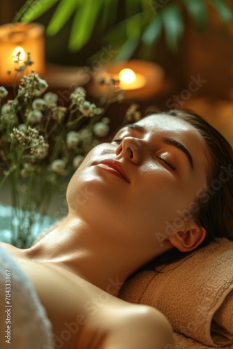 A woman is pictured receiving a relaxing facial massage at a spa. This image can be used to promote spa services or beauty treatments