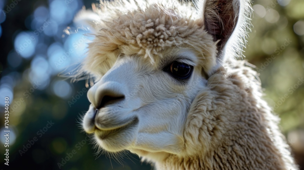 A close-up view of a llama's face with trees in the background. This image can be used to depict nature, animals, wildlife, or South American landscapes