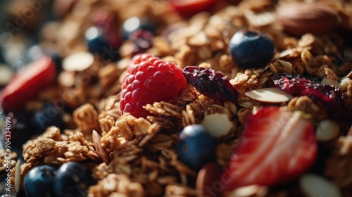 A delicious bowl of granola topped with fresh berries and crunchy almonds. Perfect for a healthy breakfast or snack