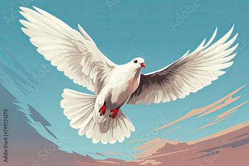 White dove against the blue sky. Illustration in cartoon style photo