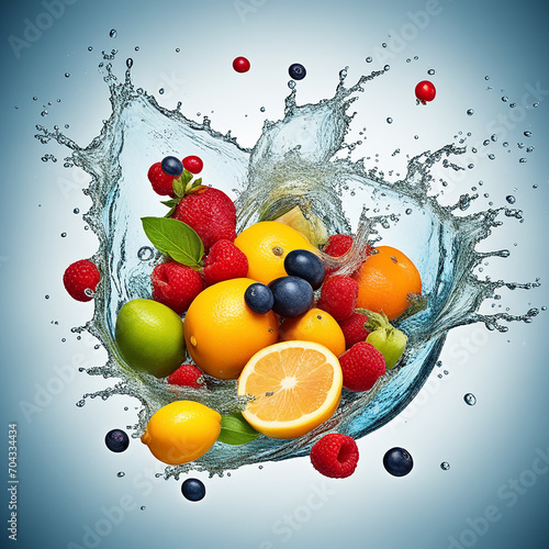 Fresh and Vibrant  Fruits and Vegetables Splash into Clear Blue Water - A Concept of Healthy Food  Diet  and Freshness