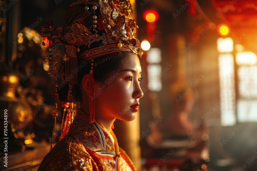 A woman wearing a traditional Chinese headdress in a room. This image can be used to showcase cultural diversity and traditional attire