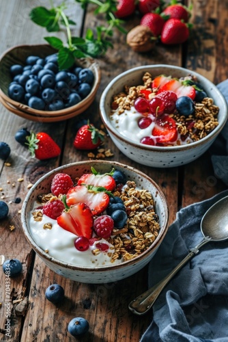 A picture of two bowls filled with creamy yogurt topped with fresh strawberries and blueberries. Perfect for a healthy breakfast or snack option