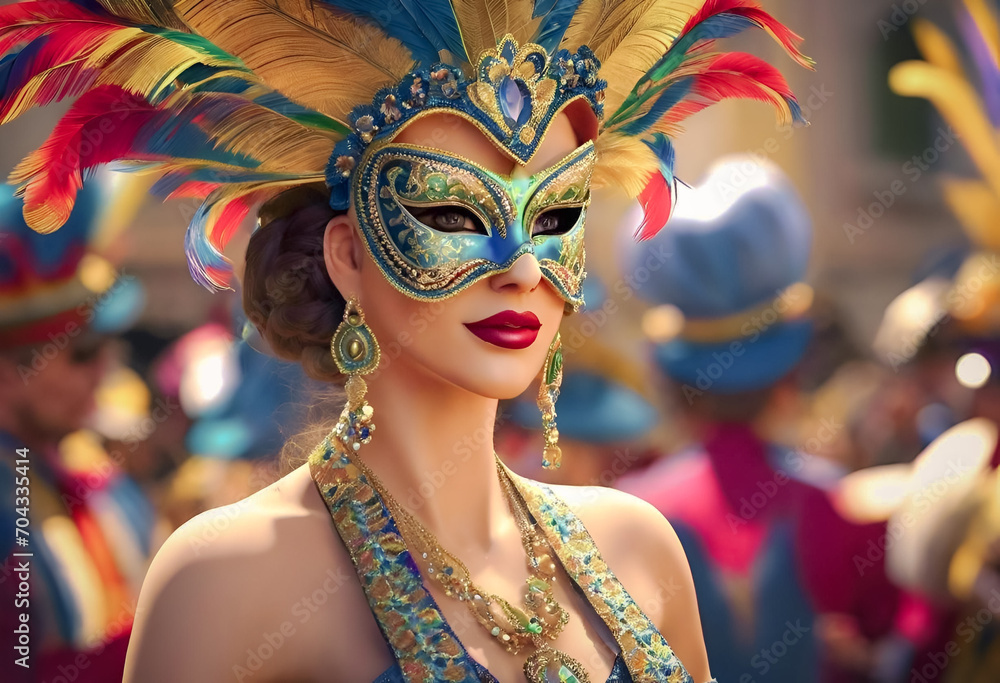 Woman in vibrant carnival mask and headdress at a festive parade. Woman in vibrant carnival mask and headdress at a festive parade.