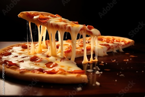 Freshly Italian pizza with mozzarella cheese closeup of cheesy pizza made with AI 