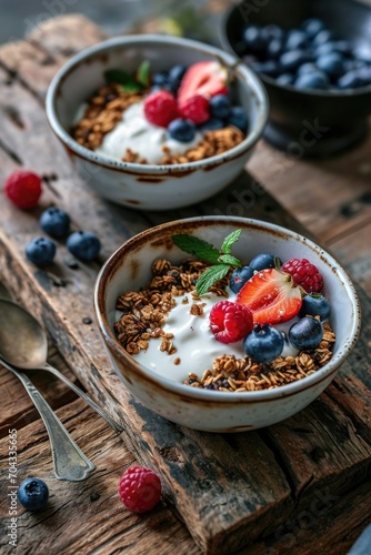 A delicious and healthy breakfast of two bowls of granola topped with fresh berries and creamy yogurt. Perfect for starting your day off right.