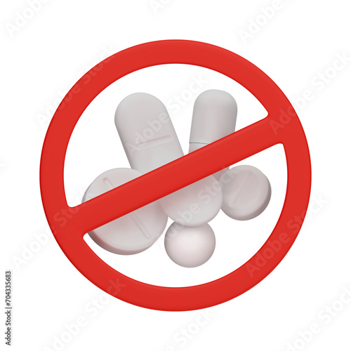 Different pills and tabs. 3D vector medicines with a restriction sign. A symbol of the prohibition on taking medical drugs. Concept 3D vector illustration isolated on a white background