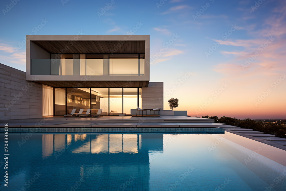 Modern house with pool and sunset view