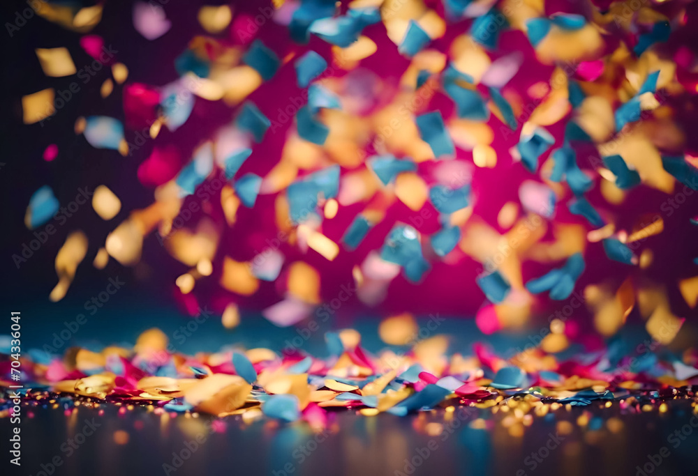 Colorful confetti falling on a glittery surface with a blurred background, festive and celebration concept.