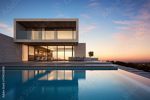 Modern house with pool and sunset view
