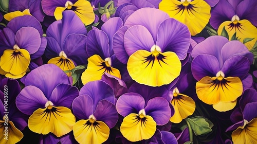 A cluster of purple pansies with their velvety petals on a solid yellow canvas.