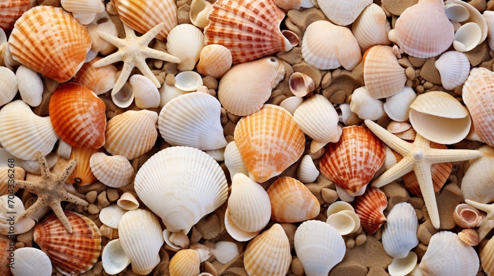 A cluster of seashells scattered on a sandy beach.
