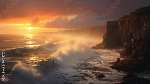 A coastal cliff at sunset  waves crashing below  the scene softly blurred in warm hues.