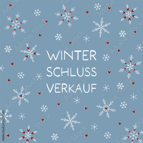 Winterschlussverkauf - Schriftzug in deutscher Sprache. Quadratisches Verkaufsplakat mit Schneekristallen und Herzen auf himmelblauem Hintergrund.