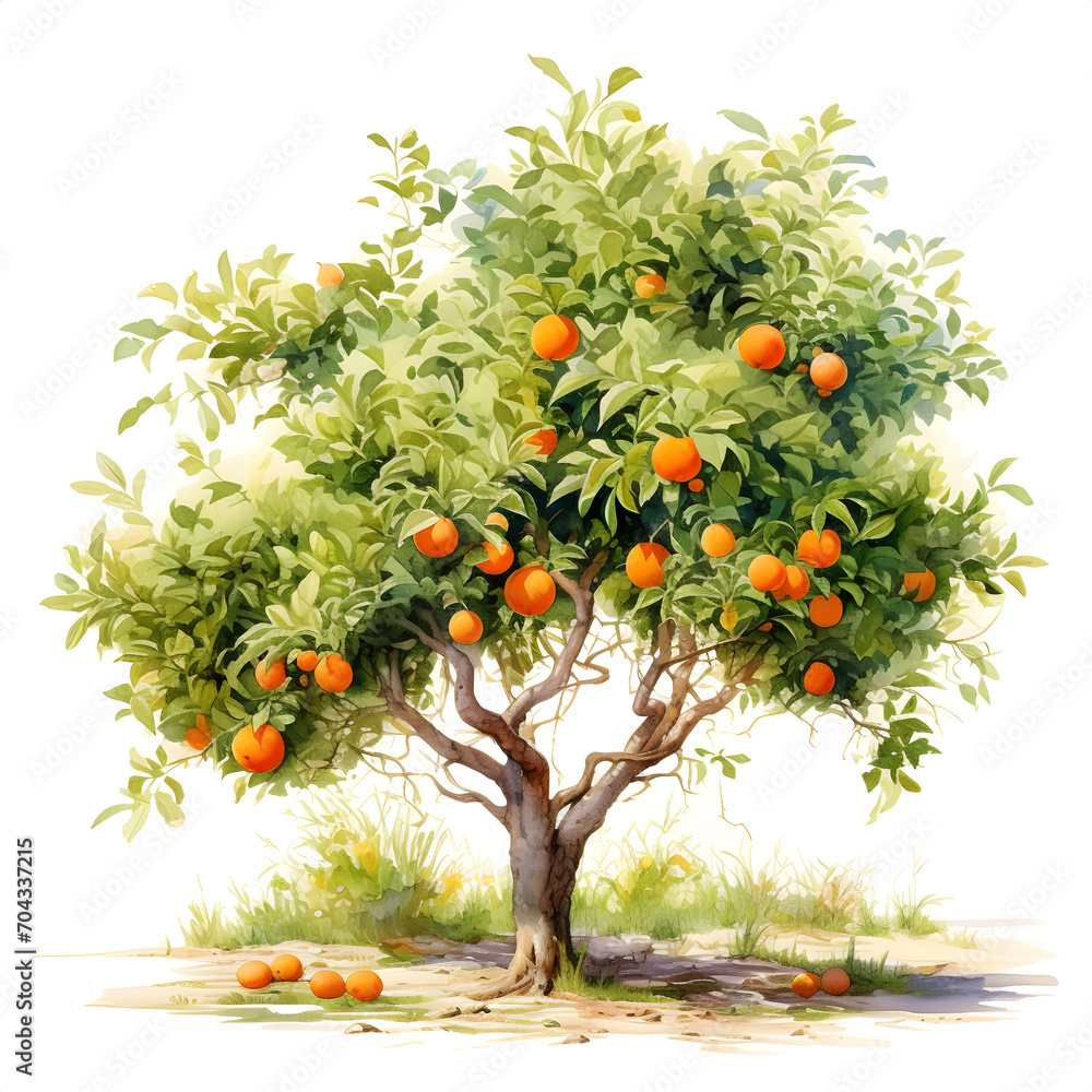 Watercolor painting of an orange tree on a white background.