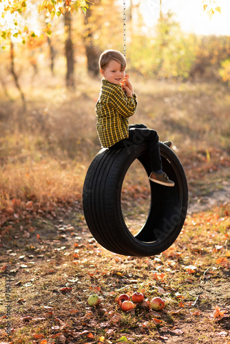 A cute little boy is sitting on a swing wheel in nature photo