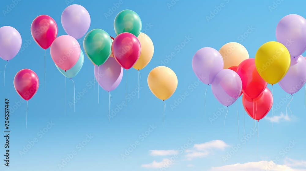 A collection of balloons in a variety of bold colors floating against a clear sky.