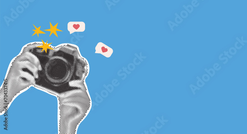 Hands holding vintage photo camera on blue background. Social Media. Trendy halftone style. Collage design in trendy retro 90s magazine style