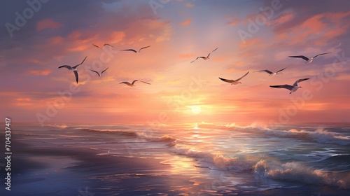 A coastal sunrise, with gentle waves and seagulls blending into a serene blur.
