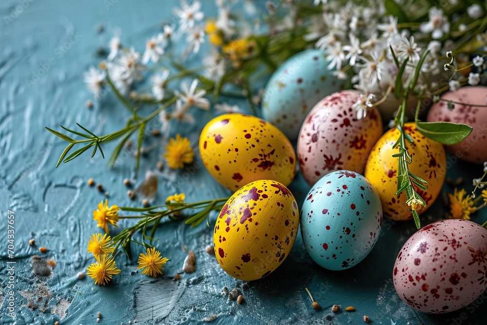 Top down view of traditional painted eggs with plants - Christian Orthodox Eastern European Eggs Blue Wallpaper Background Top down view of traditional painted eggs with plants - Christian Orthodox Eastern European Eggs Blue Wallpaper Background