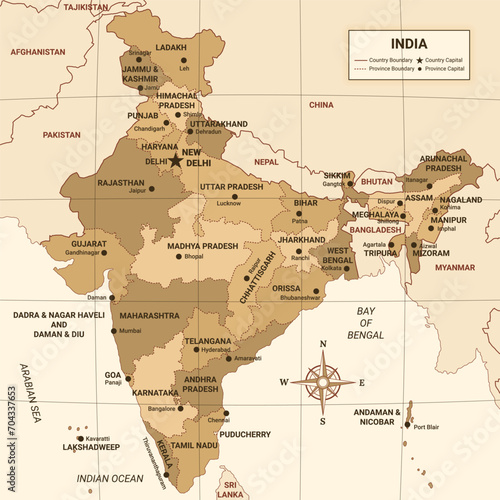 India Country Map With Surrounding Border
