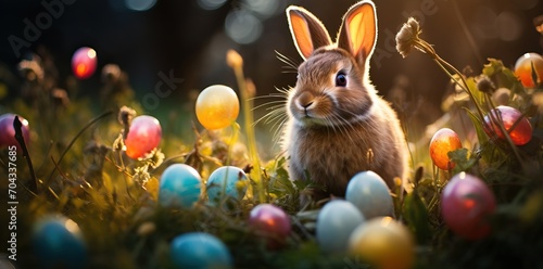  an easter spring background with the easter bunny and colorful eggs on green grass in a garden