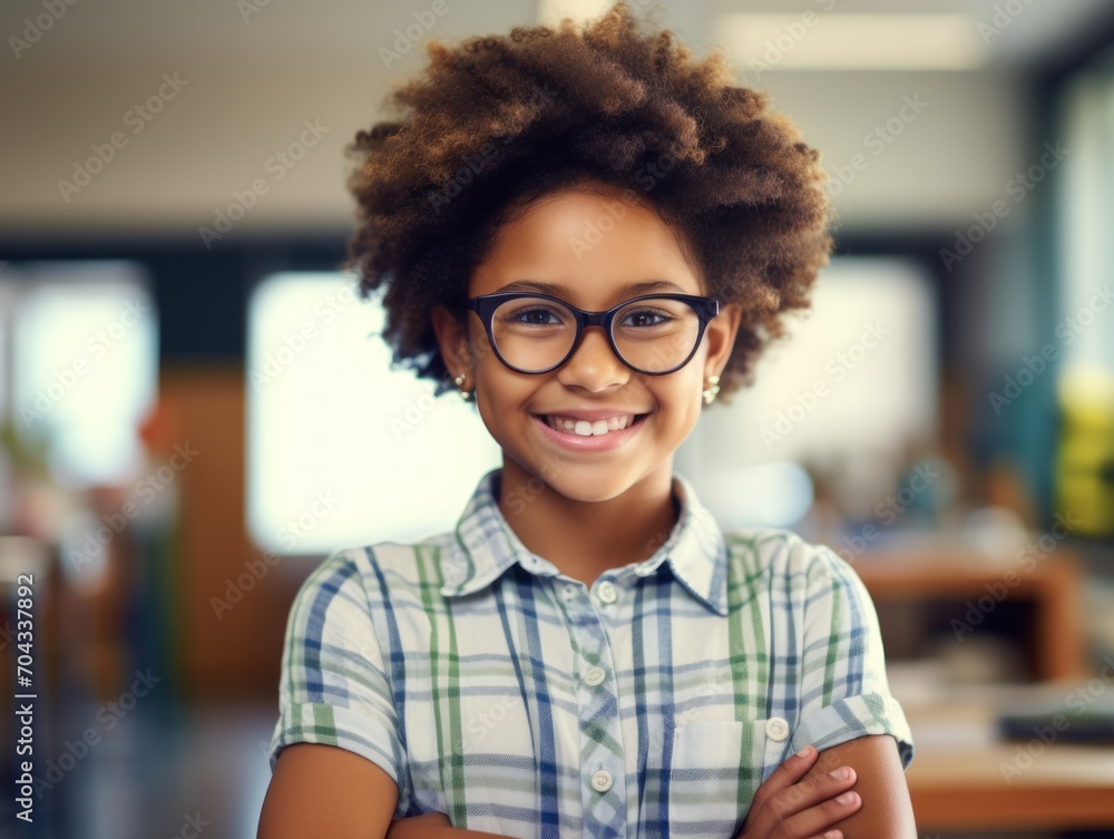smiling elementary school student standing in classroom with arms crossed. smiling elementary school student standing in classroom with arms crossed.