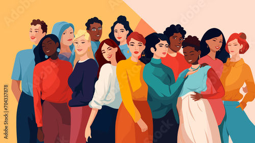 Group of abstract diverse people. Friends or coworkers are standing, hugging, posing together. Cartoon characters. Teamwork, togetherness, friendship concept. Hand drawn colorful Vector illustration.