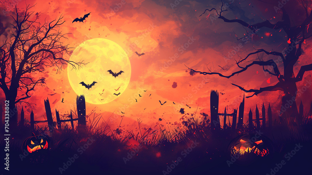 Halloween illustration with bats and carved pumkin at graveyard