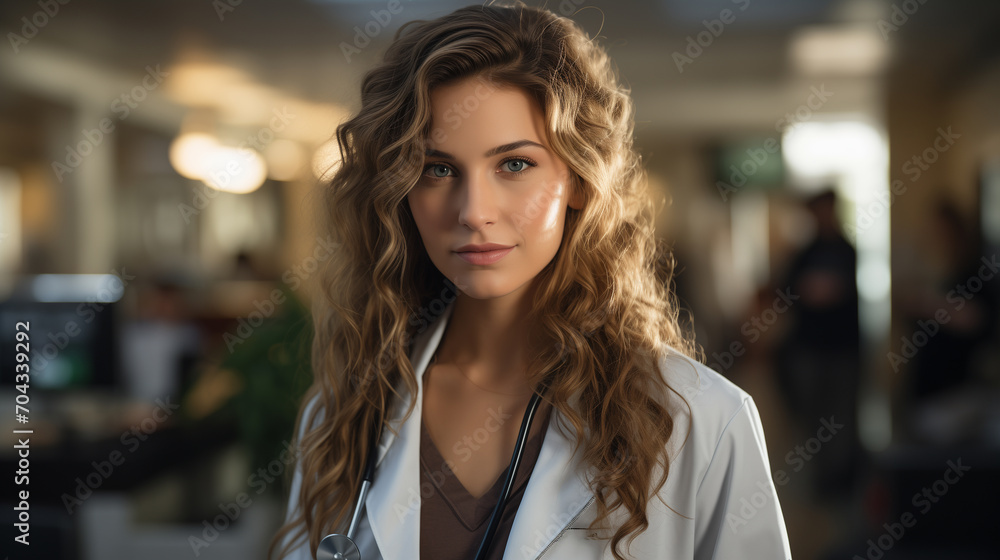 Beautiful woman in a white medical coat, soft focus background Beautiful woman in a white medical coat, soft focus background