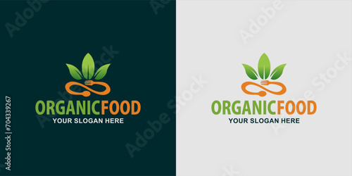 healthy food logo, emblem, sticker design with spoon,fork and leaf elements.